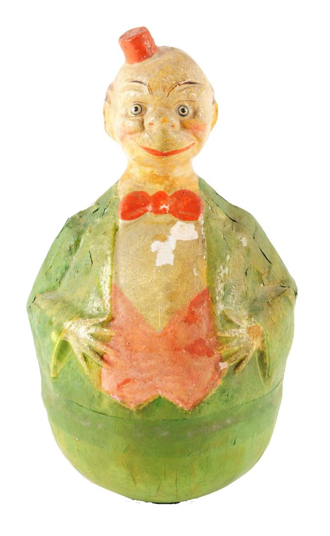 Pre-War German Schoenhut Happy Hooligan Roly-Poly.: Larger size variation. Typical Happy Hooligan pose with hat. Some staining, cracking and papier-mâché loss on chest.Condition:(Very Good).Dimensions:9 -1/4" x 4 -1/4".