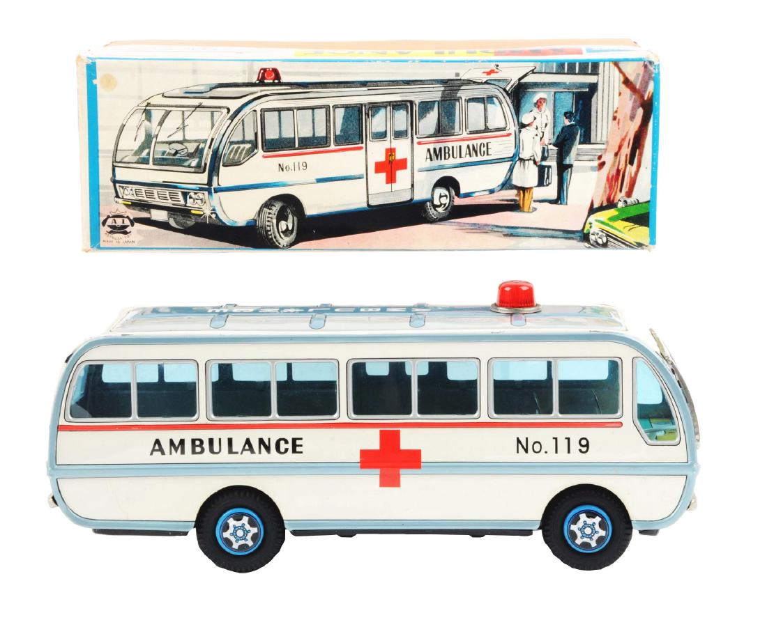 Japanese Tin Litho Friction Ambulance Toy. (1 of 6)