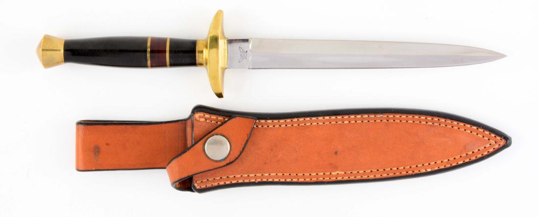 Cooper Stiletto in Signed Leather Sheath.: Double edge dagger blade. Handled in dark micarta with heavy brass C-guard and brass skull crusher. Original leather sheath. Signed in long hand " George J. Cooper 5/13/77 Number 2/2"on back side. Cir