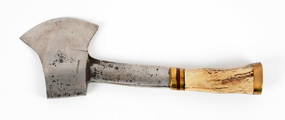 J.N. Cooper One of a Kind Hatchet with Stag Handle.: Unusual hatchet blade 4-5/16" long x 4-1/4" wide. Genuine stag handle with heavy brass mounts. Blade stamped "LENDERMAN" on one side and Cooper in Double Eagle on other side. Circa Cooper in Double Ea