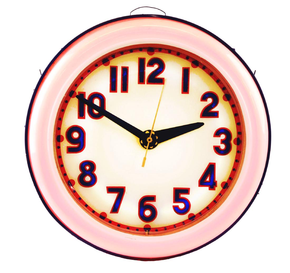 Large Neon Clock: Clock lights and works well. Face and cover look to be original, can is repainted with very minor wear on the face from the clock's hands. Condition: (8.5). Dimensions: 26" Dia.