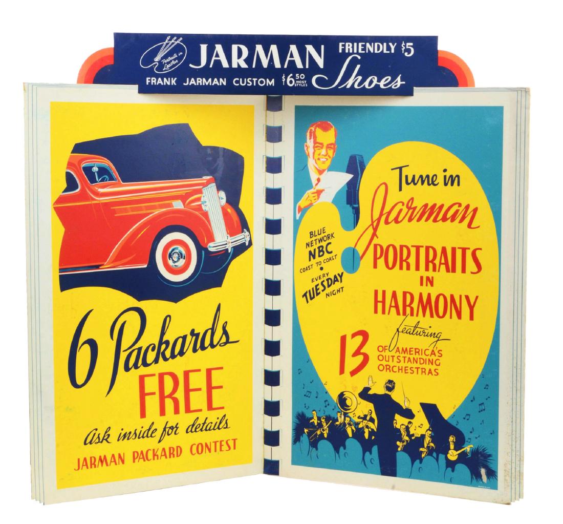 Original Jarman's Shoe Poster Giving Away a Packard 6.: The cardboard poster has good color and shows a Packard on the left panel. There is a valance that goes across the top. Vertical fold in the middle. Includes the original packaging. Condition: (8.5). 