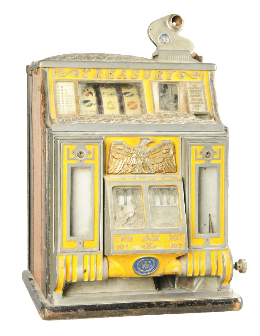 **5¢ Watling Treasury Twin Jackpot Front Vendor Slot: This three reel machine features a central twin jackpot and a mint vendor column on each side. Castings and cabinet show the original finish with slight wear, consistent with age. Original manufacture