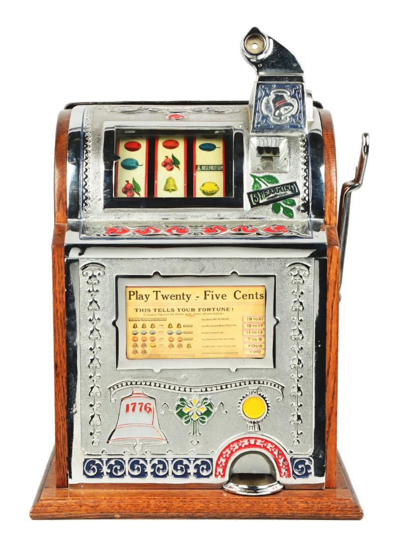 **25¢ Watling Operators Bell Slot Machine.: An interesting machine that is nearly identical to the Mills Novelty Operators Bell. This device has highly polished, incorrect plating on the iron front castings and an oak cabinet that bears Watling