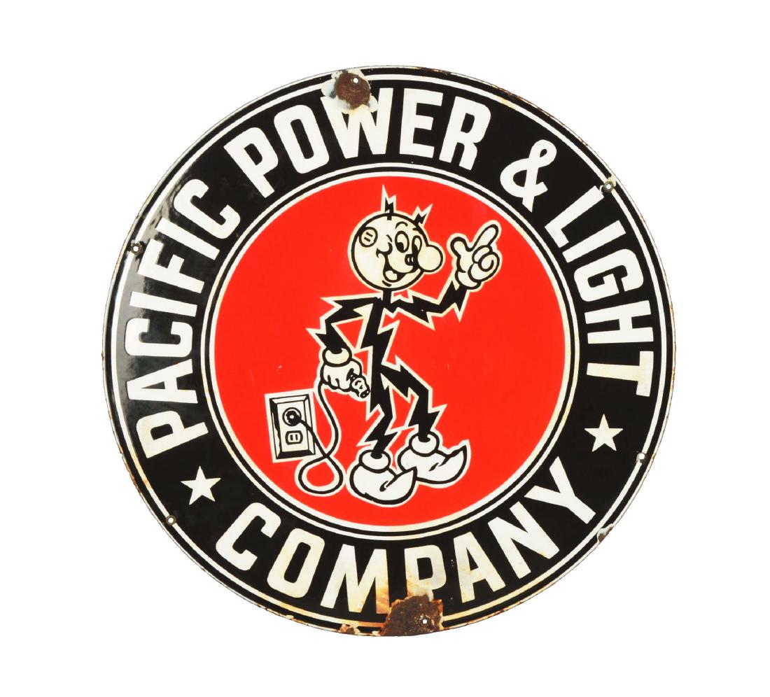 Pacific Power & Light Co. Advertising Sign.: Round, single sided porcelain sign highlighting the "Pacific Power & Light Company" which borders Reddy Kilowatt holding an electrical cord at the center. The red, black and white colors give this a c