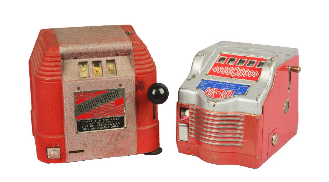 Lot Of 2: 1¢ Trade Stimulators.: This Lot consists of: 1- 1¢ Groetchen Tool gum ball vender trade stimulator named "Pok-O-Reel" with silver plating, red and blue painted accents showing wear throughout and trades after winning certa