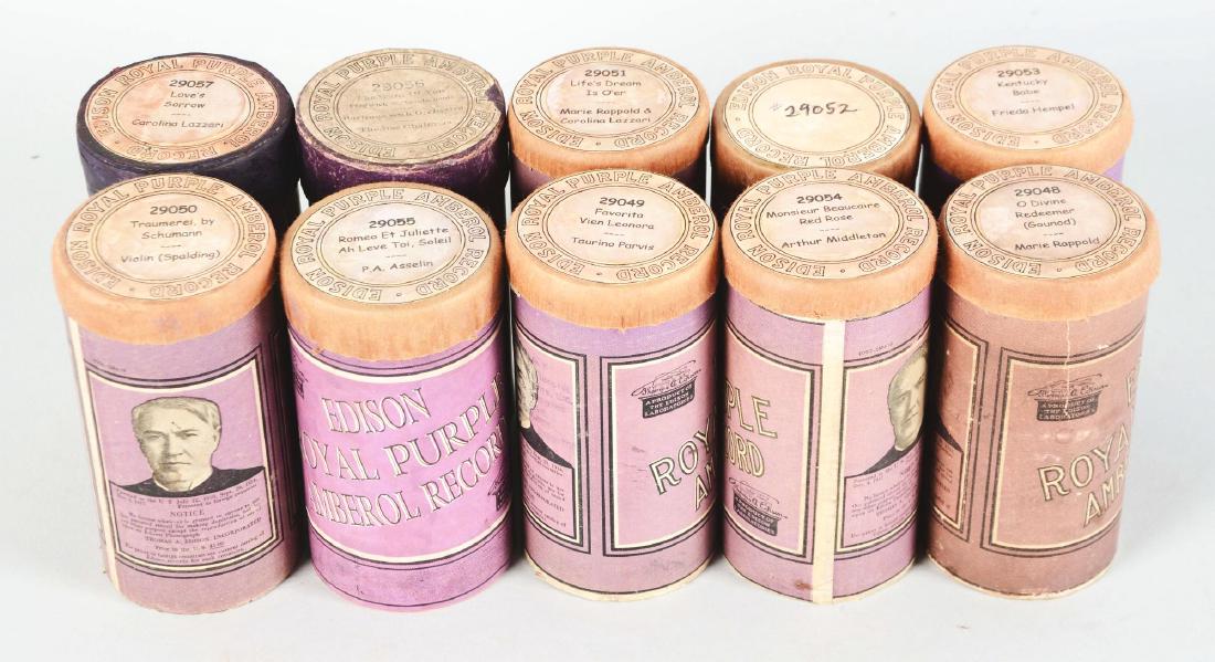 Lot Of 10: Edison Royal Purple Amberol Cylinder: Each of these records are kept in their original tubes and include Nos 29048-29057. The label on the lid of 29052 may be a facsimile. Condition: (Excellent). Dimensions: Each 4-1/2"T.