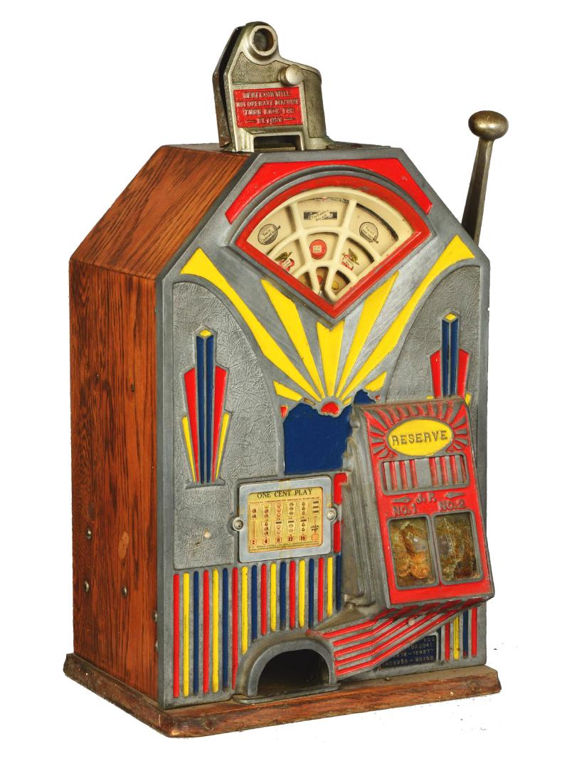 **1¢ Jennings Little Duke Slot Machine.: This slot machine is known for its unusual 3 reel slot and double jackpot. Instead of vertical rotating strips, it contains three forward facing discs that rotate clockwise. It is in original, un-rest