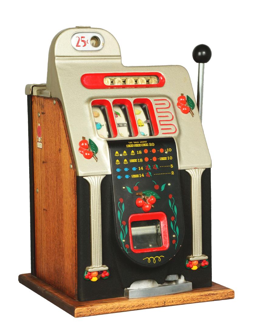 **25¢ Mills Novelty Golden Falls Slot Machine.: Three-reel slot machine with silver and black front casting featuring grey columns and red cherry clusters. Manufactured by Mills Novelty Co. from 1945-1949. Completely restored with a new award plate