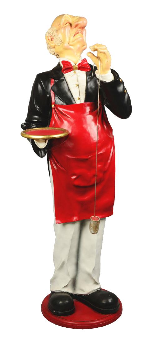 Life Size Figural Wine Connoisseur Statue.: This statue depicts snooty butler with a tray in one hand, with the other designed to hold a glass as though to take in the aroma from a glass of wine. Condition: (Very Good). Dimensions: 21"W x 72"T.