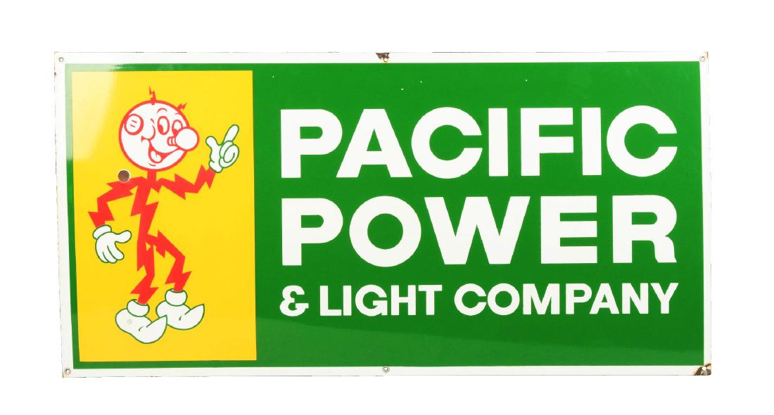 Reddy Kilowatt "Pacific Power & Light Company" Sign.: Single-sided porcelain enamel sign with green background and white border, featuring Reddy Kilowatt. Wear is evident near each of the grommet holes as well as a circular chip near Reddy's shoulder. Co