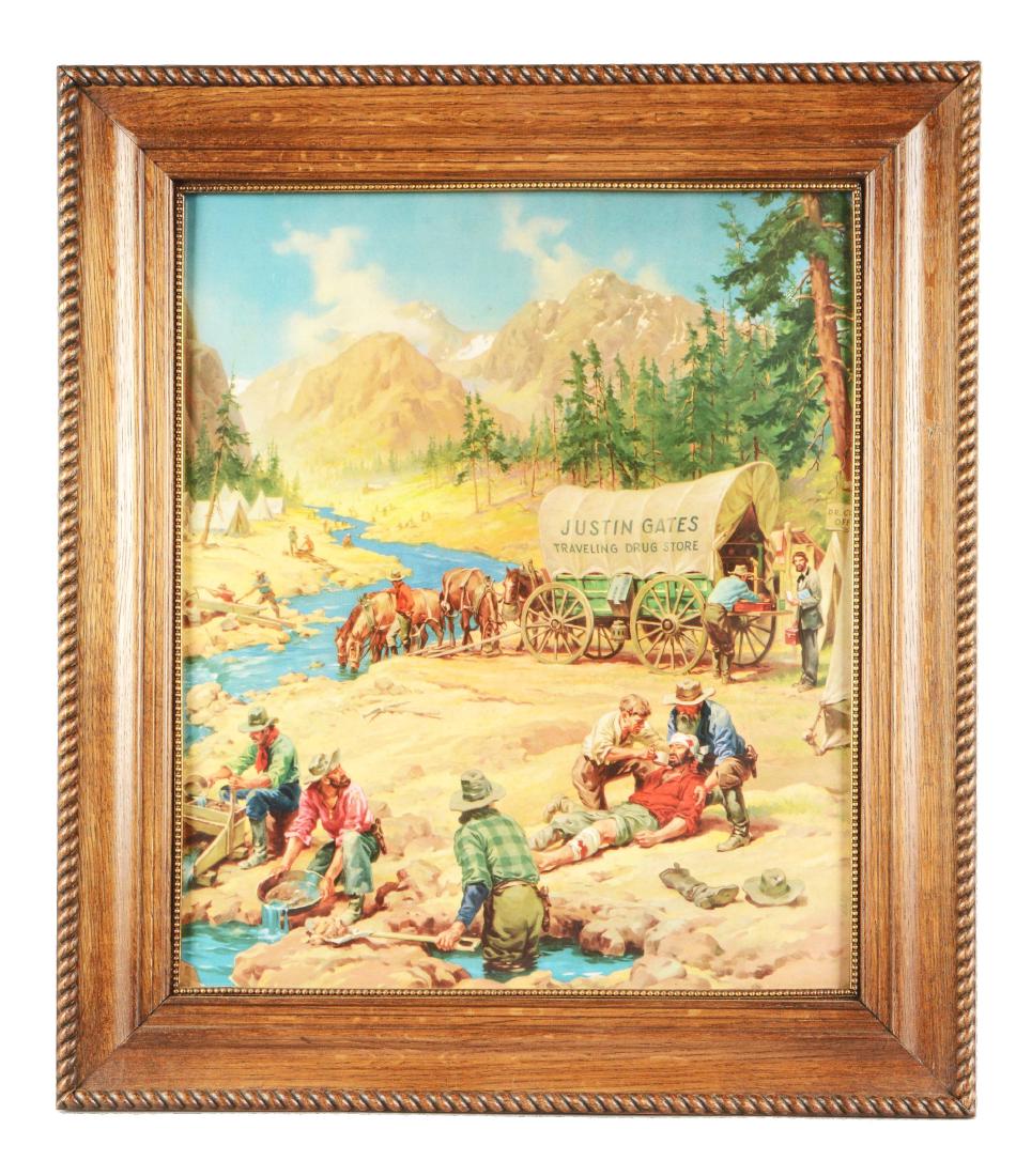 Justin Gates Traveling Drug Store Lithographic: Lithographic advertisement depicting gold miners panning a river, with some miners being tended to by the "Traveling Drug Store". This beautiful lithograph has saturated color and the surface displays