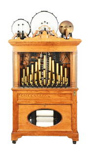 25¢ Model 143DG Carousel Organ.: As this is no ordinary oak wood cabinet, it contains a multitude of instruments that can be played all at once after a quarter is inserted. It is comprised of a 27-note glockenspiel, 43 calliope pipes