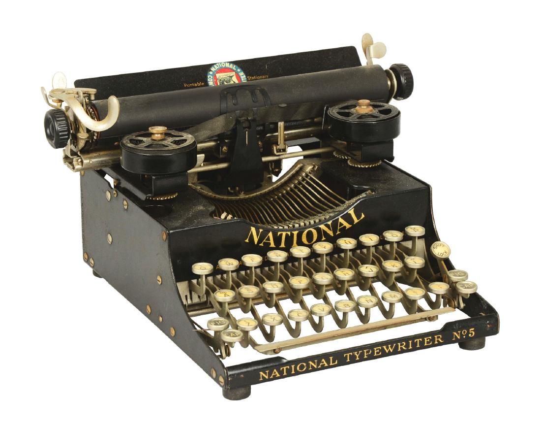 National Combination No. 5 Portable Typewriter.: This small typewriter was advertised, as evident in the decal on the paper table, as both light enough to be portable, yet substantial enough to be used as a stationary typewriter. Circa 1920. Conditi