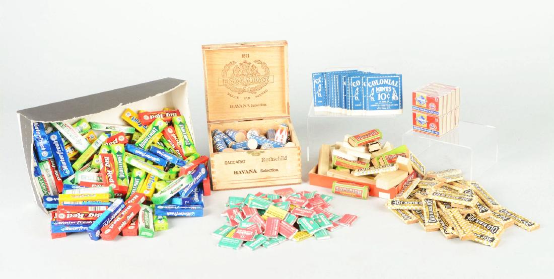 Large Lot Of Vintage Vending Merchandise.: Assorted bunch of vending products, once ideally used for vintage dispensing vendors. This package includes many items such as gum in a variety of different brands, mints of different flavors and wood