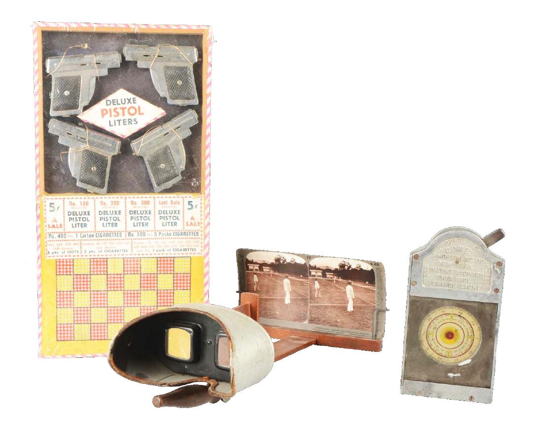 Lot Of 3: Vintage Amusement Games.: This lot consists of 1 - factory sealed Deluxe Pistol Lighters punch-board trade stimulator in unused condition with four pistol lighters, measuring 14" tall x 7" wide, 1 - Comet Amusement Co. Whirl-W