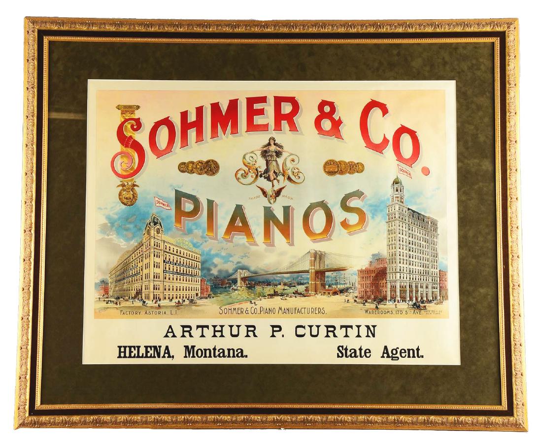 Sohmer & Co. Pianos Lithographic Advertisement.: Beautiful large poster for Sohmer & Co. Pianos printed by Ketterlinus. It features the company name proudly displayed across the top of a cityscape collage of the company buildings from the factory in