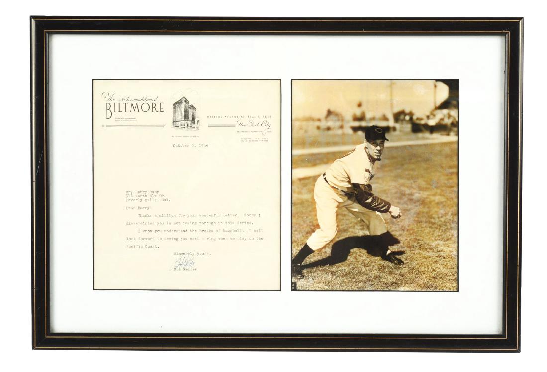 Framed 1954 Bob Feller Letter w/ World Series Content.: Interesting signed Bob Feller typed letter. The content is Bob expressing sorrow for not "Coming Through In This Series" as the Giants Swept the Indians 4-0. Framed in excellent condition. Includes a 