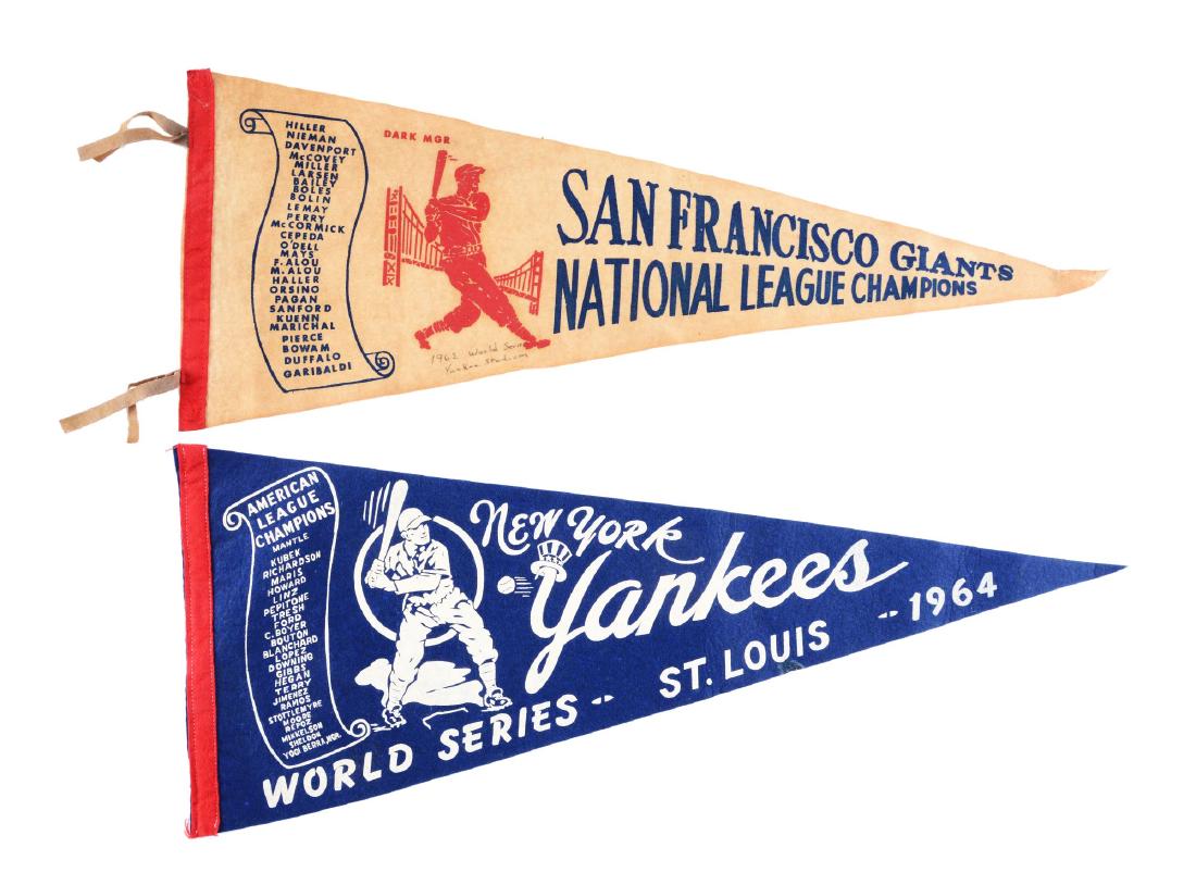 Lot of 2: Vintage Championship Baseball Pennants.: The first is a 1964 World Series New York Yankees pennant with the names of the players which include Mickey Mantle, Whitey Ford, Yogi Berra and others. Bottom is marked "World Series St. Louis 1964".