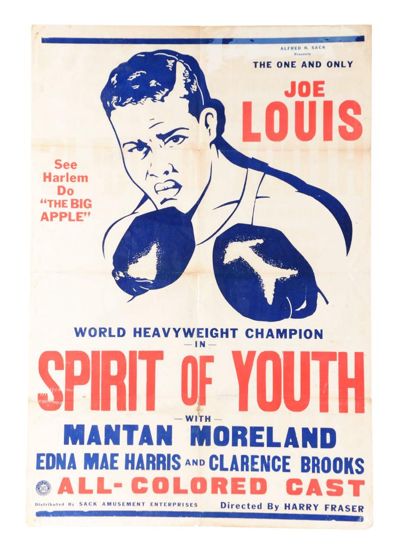 Joe Louis Spirit of Youth Play.: Directed by Harry Fraser. Shows nice depiction of Joe on the front with boxing gloves on. Left reads "See Harlem Do "The Big Apple" the one and only Joe Louis". Has been folded and does have some tear