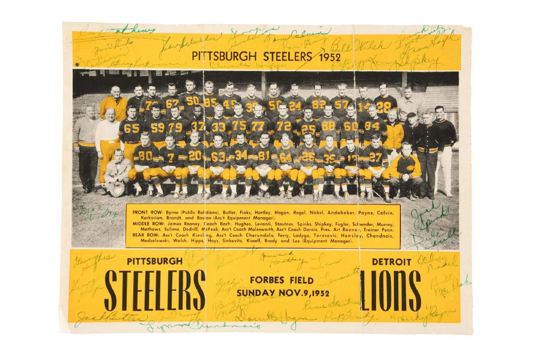 1952 Pittsburgh Steelers Signed Photograph.: Paper premium photo is signed by 35 members of the 1952 Pittsburgh Steelers in green ink. Key HOF signatures include Jim Finks, Ernie Stautner and Jack Butler. Average signature strength is 7-8/10 ove
