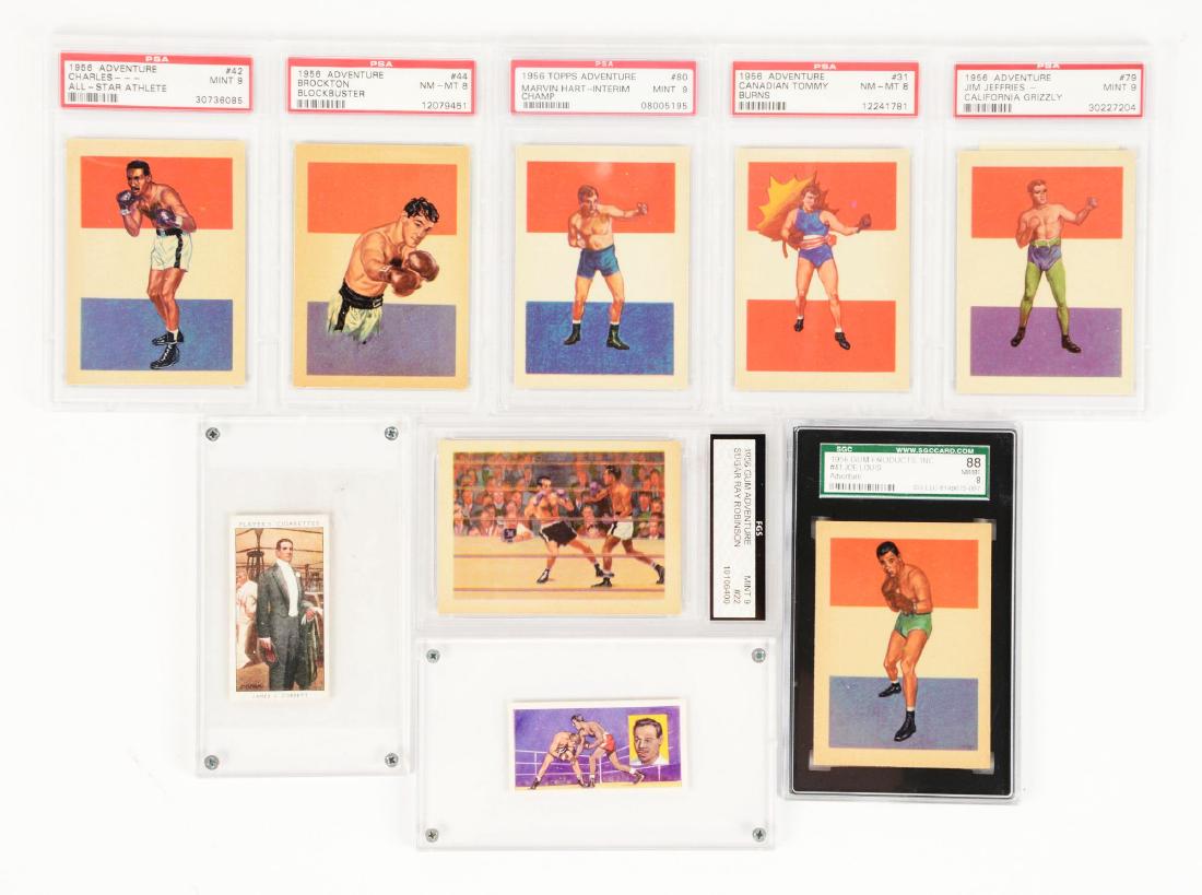 Lot of 9: Boxing Related Cigarette & Gun Cards.: Seven, from the 1956 Topps Adventure series include #22 Sugar Ray Robinson, #44 Rocky Marciano, #41 Joe Lewis, #31 Tommy Burns, #79 Jim Jeffries, #42 Ezzard Charles and #80 Marvin Hart. Cards are grad