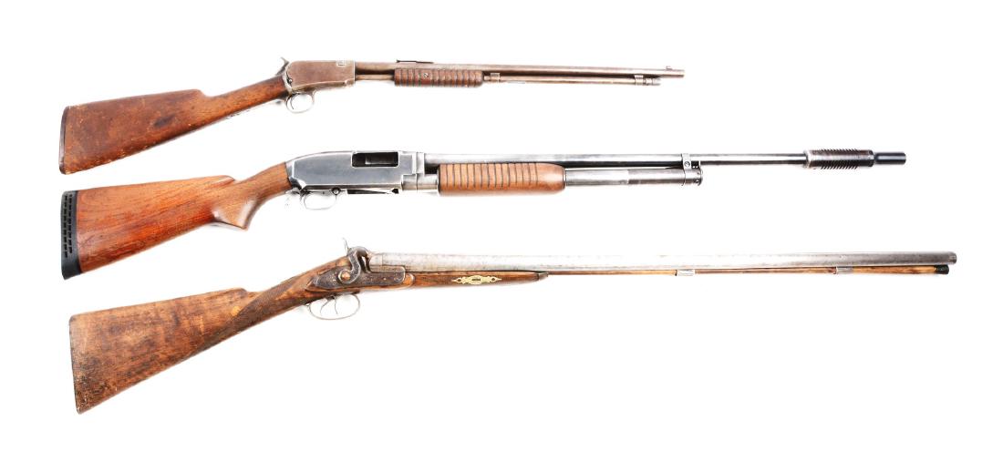 (A&C) Lot of 3: Winchester Model 06, Model 12 and 12: Gun (A) Model 06, serial no. 770158. Caliber .22 with a 20â€ barrel. Late parts clean up gun. Stocks are worn and faded. Metal is all grey with no finish at all. It is working and would be a good p