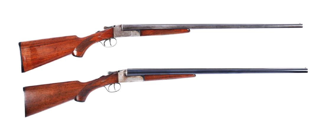 (C) Lot of 2: Double Barrel Boxlock Lefever Shotguns.: Both with blued steel barrels with solid matte ribs, single brass beads, case hardened boxlock actions with stamp engraved scenes on both sides. Features include double set triggers, automatic safetie