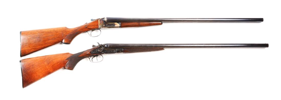 (C) Lot of 2: Lefever and Stanley Arms 12 Bore Double: Comprising: (A) Lefever nitro special box lock shotgun with blued barrels in solid matte rib with single brass bread. Case hardened. Box lock receiver with stamp engraved ducks on both sides. Features
