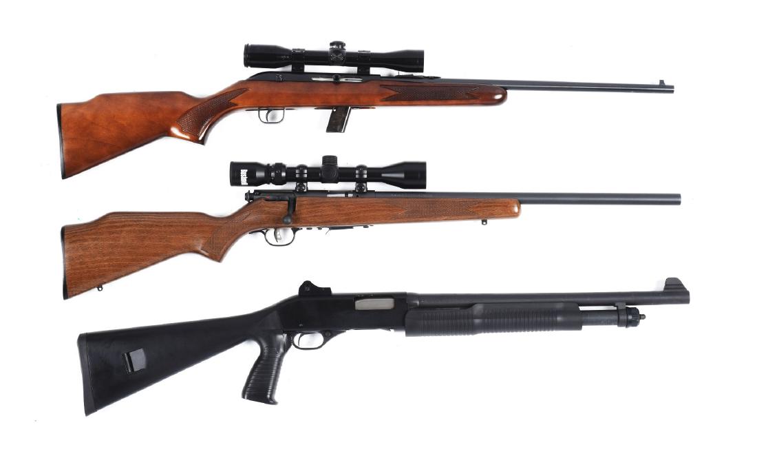 (M) Lot of 3: Shotgun & Rifles.: Gun (A) Model 320 with black Mylar stocks, combat sights, and matte finish. Excellent inside and out. Barrel has some storage marks to the matte finish. Gun (B) Savage Model 954 LS magazine fed semi-a