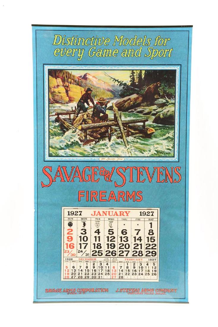 Rare 1927 Savage & Stevens Fireams Calendar.: Titled "It's Savage Time", this beautiful full color litho was done by famous artist Philip R. Goodwin. This never-seen calendar features hunters shooting a grizzly while going down the rapids with Mo
