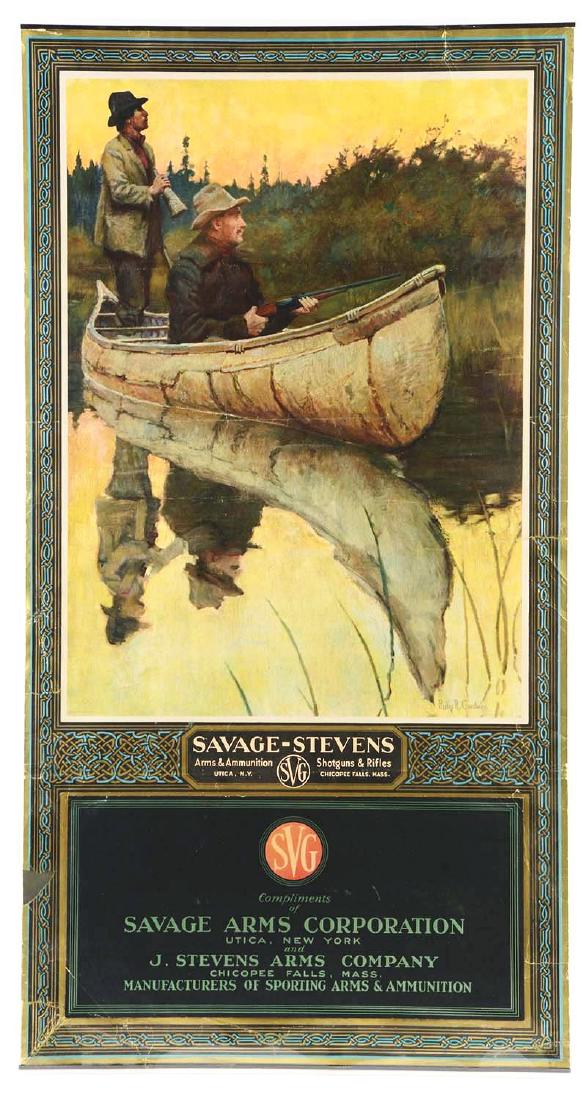 Rare Large Format 1929 Savage & Stevens Firearms: Beautiful full colored litho painted by renowned artist Philip R. Goodwin. Features two men in a canoe, one holding a Savage 1899. Has top and bottom metal strips, full pad with original cover. Usual 