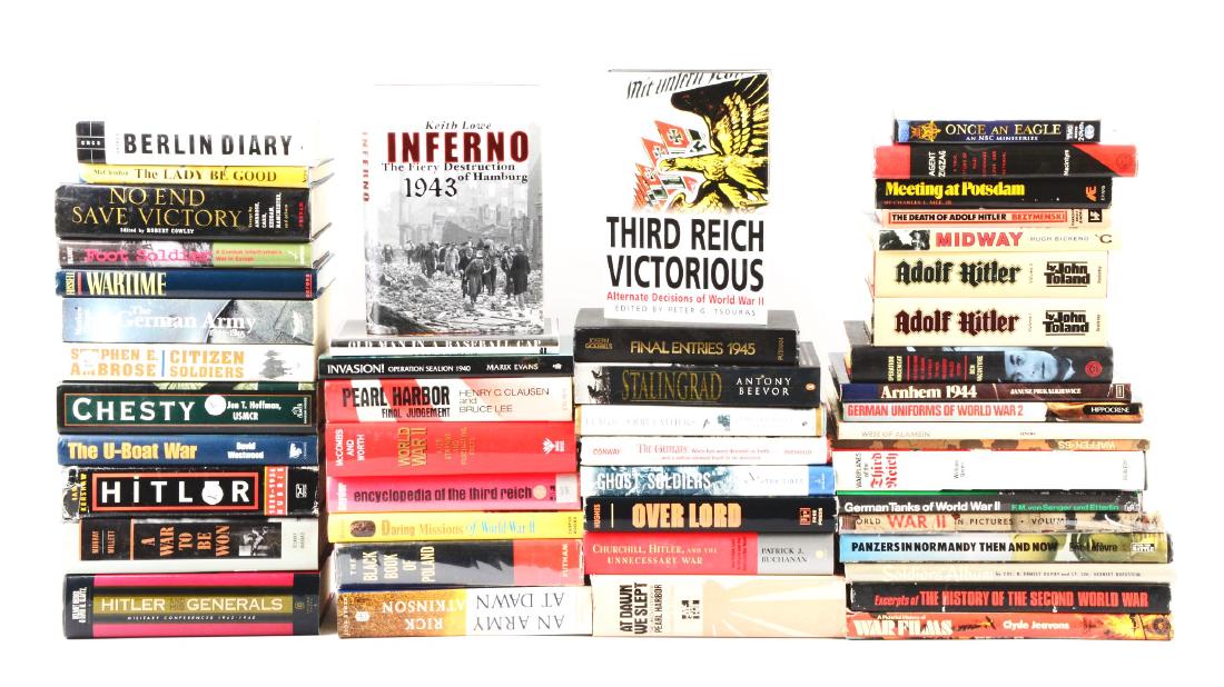 Large Lot of WWII History Books & Novels.: About 50 books in total, including "Panzers in Normandy: Then and Now" by Eric Lefevre, "German Uniforms of World War 2" by Andrew Mollo, "Divisions Abzeichen Der Waffen-SS It's Divisional Insignia", 
