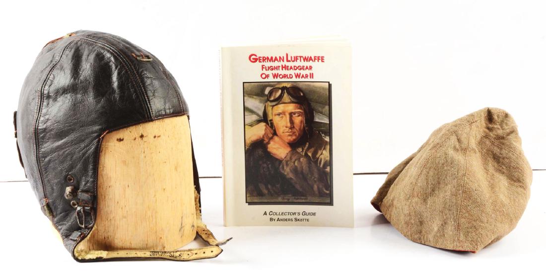 Lot Of 3: Rare WWII German Flight Helmet, Signal Cover: Lot contains a fur-lined Luftwaffe leather aircrew flight helmet with complete straps and a size 58 two-sided flight helmet cover made from lined summer weight flight suit material and marked "FL30019