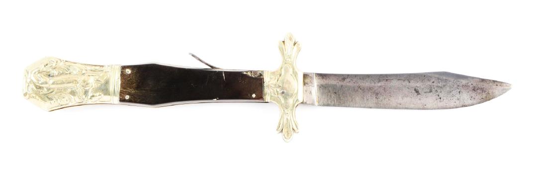 Half Horse-Half Alligator Folding Bowie made for W.F.: Circa 1830-1840â€™s. 5-1/2" relief ground clip point blade marked on tang "W.F. MILLS/120 HOLBORN/LONDON". Rosewood handle scales with nickel silver crossguard and coffin shaped pommel, the latte