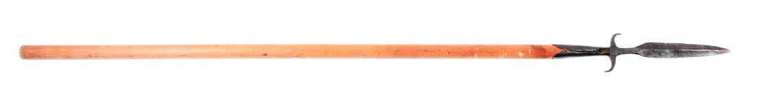 Early and Large 18th Century American Spontoon.: Revolutionary War or earlier American made iron spontoon, head of 20 inches total. Diamond section double edged blade of about 11", blacksmith forged with integral "S"-shaped crossbar and conical sock