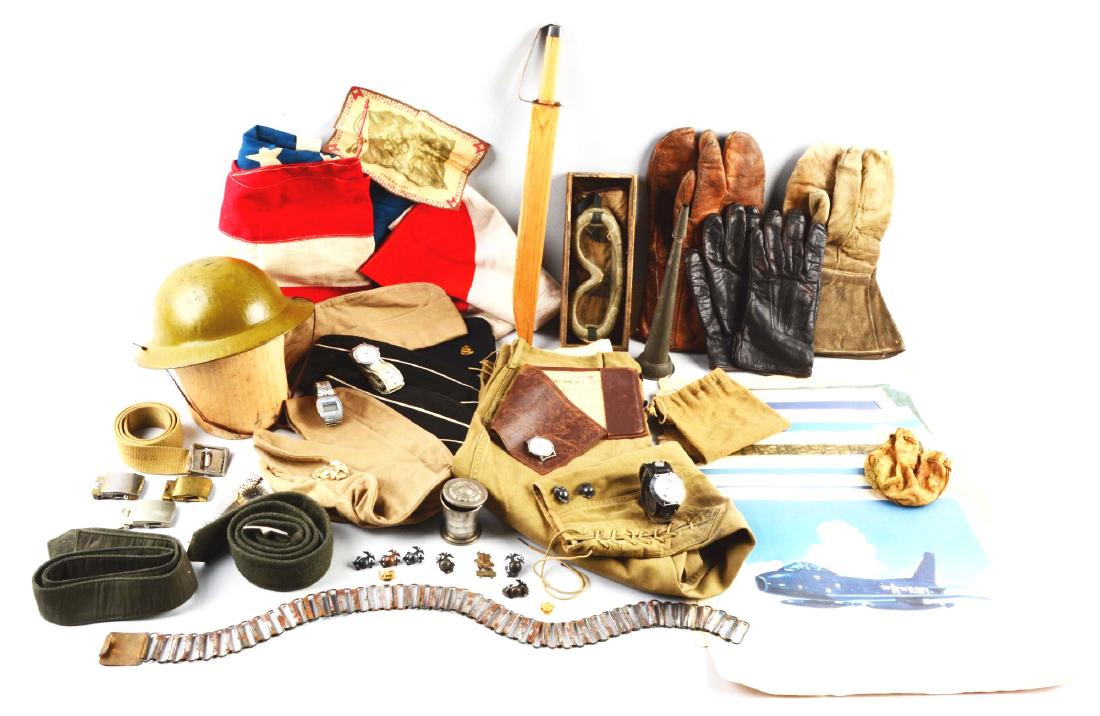 WWII Child's Uniform Grouping with Flags, Helmets &: Includes a Japanese flag measuring 26" x 39". Very good condition with some minor staining. A large American flag 45" x 70". 48 star American Flag with some minor fraying a long edges and some scatter