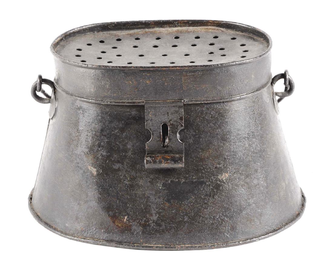 Early Pre-1900 Minnow Bucket.: Very attractive bucket with tapered design, hand fabricated from heavy plate metal stock. Comes with hinged lid clasp and hinged top. This bucket was never designed to have a removable insert. Base is