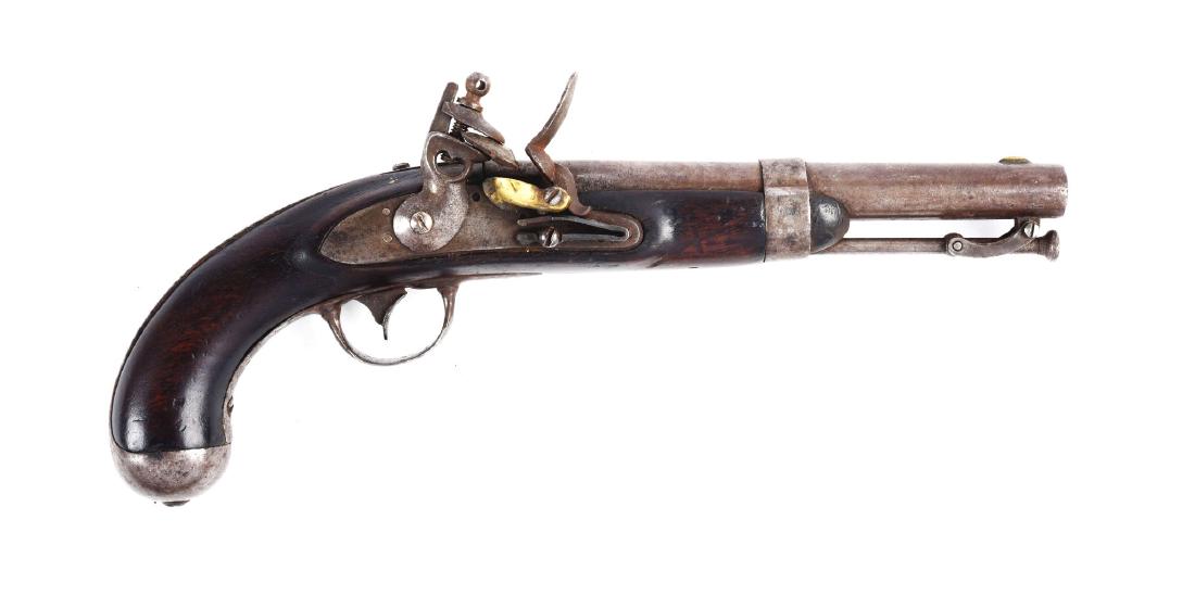 (A) U.S. Model 1836 Flintlock Single Shot Martial: The Model 1836 was the last U.S. martial pistol made using the flintlock mechanism. About 41,000 were manufactured between 1836 and 1844 by Asa Waters and Robert Johnson. This was the standard issue p
