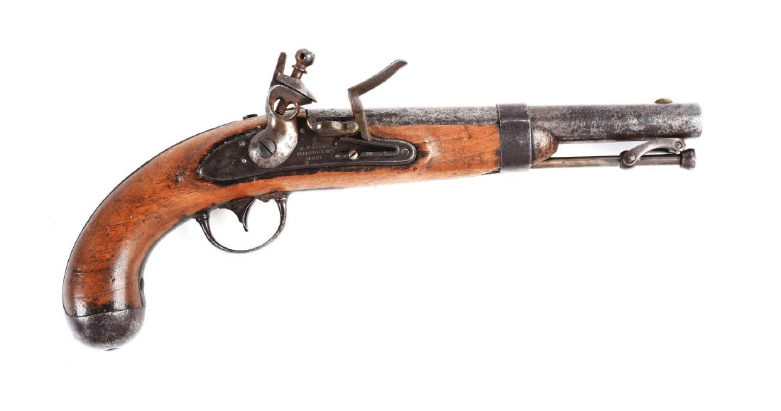 (A) U.S. Model 1836 Flintlock Single Shot Martial: The Model 1836 was the last U.S. martial pistol made using the flintlock mechanism. About 41,000 were manufactured between 1836 and 1844 by Asa Waters and Robert Johnson. This was the standard issue p