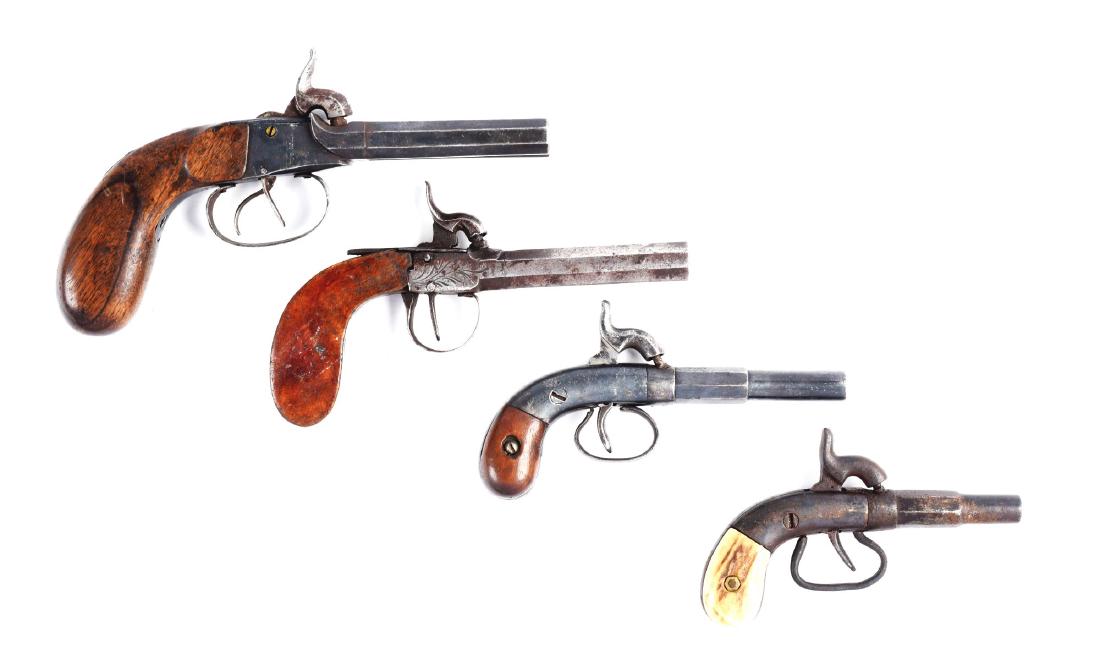 (A) Lot of 4: Antique Percussion Boot Pistols.: Gun (A) is a double barrel with octagon barrels, double triggers and hammers. No maker. Blue-brown patina. Excellent walnut bag stock. Gun (B) is a Belgium single shot with grey patina, tang screw mis
