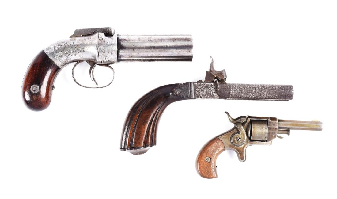 (A) Lot of 3: Antique Handguns.: Gun (A) Allen & Thurber Worcester six shot, percussion pepper box with solid shield and walnut bag handles. Metal is grey patina. Indexes double action. Gun (B) Forehand & Wadsworth nine shot, side ha