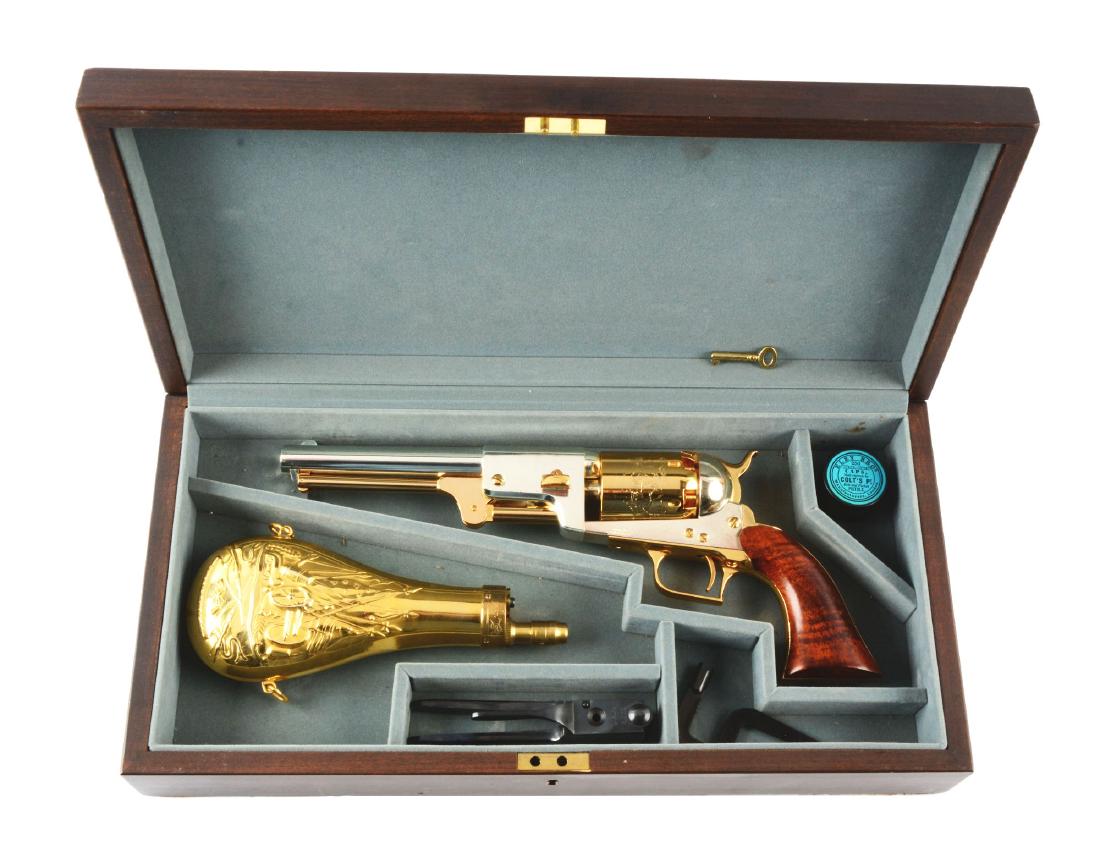 (A) Marine Corp Colt Dragoon Cased Commemorative: Offered is a special edition Marine Corp Colt Walker Transition Dragoon revolver. Features; gold and nickel full finish, Indian fight scene on cylinder, six shot, single action percussion, Walker styl