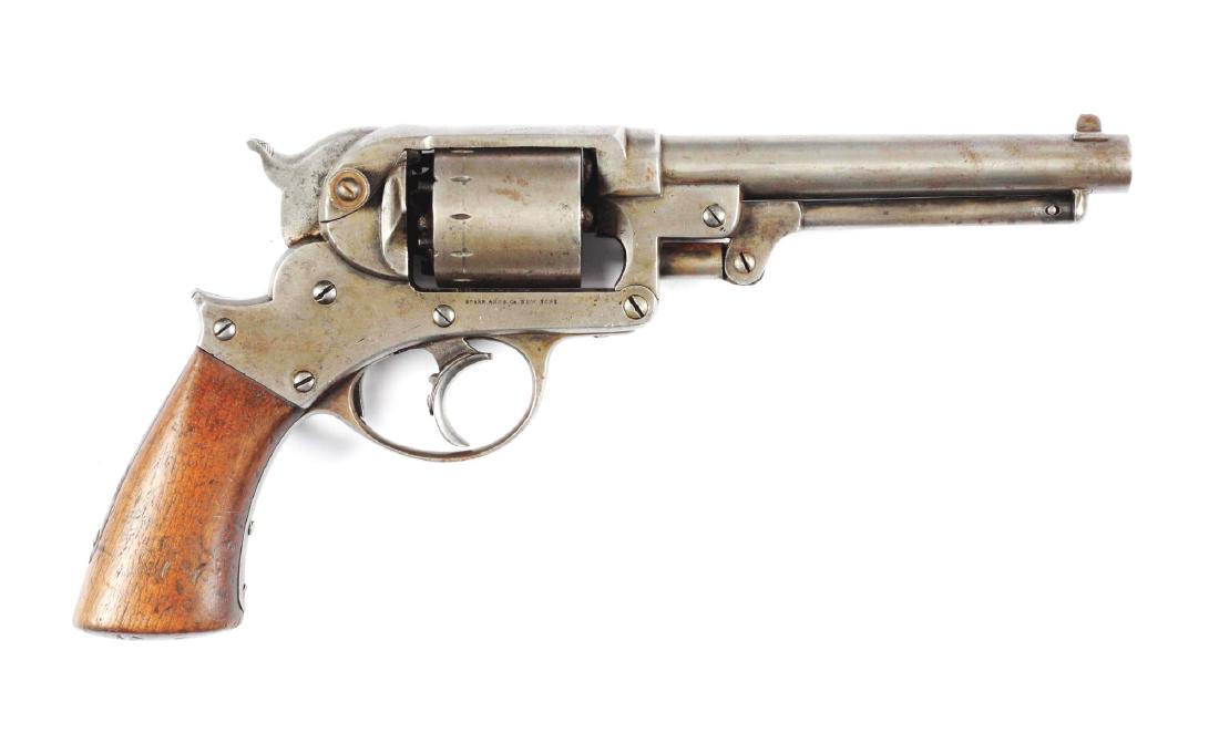 (A) Starr Arms Co. Double Action Model 1858 Army: 23,000 manufactured 1850's to 1860's. Blued with walnut grips. Most of these revolver will be found with military inspector marks. This appears to be a civilian model as we can find to inspectors and 