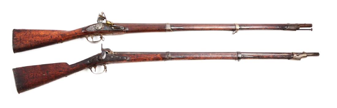 Lot of 2: (A) Early U.S. Springfield Model 1816 and: Gun A) Reconverted Model 1816 Type I Springfield musket, dated "1818." Lock has some replaced modern parts, shows heavy use overall, with scattered areas of freckling. Stock has several repairs, espec