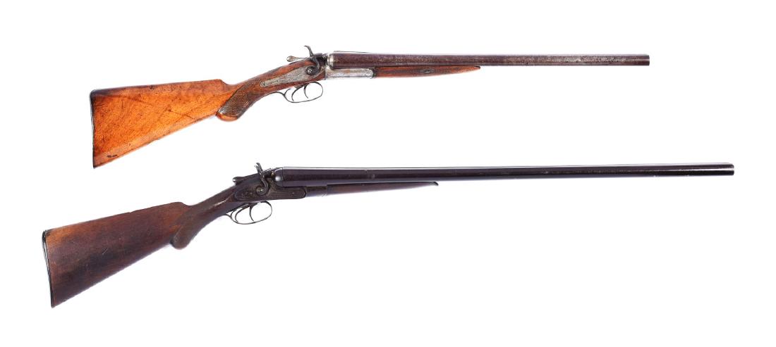 (A) Lot of 2: Antique Double Barrel Hammer Shotguns.: Gun (A) Manhattan Arms Co. with Damascus double barrels, engraved sidelock action with hammers, double triggers, pistol grip walnut stock and composite buttplate. Poor condition; showing heavy use. Gu