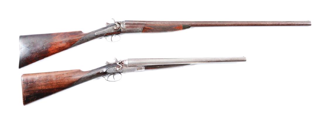 Lot of 2: (A^) Antique English Shotguns with Leather: Gun A) English double barrel Sidelock Hammer Shotgun by W.J. Jeffery & Co. Damascus barrels with solid matte rib, shortened to coach gun size with slanted muzzles. Engraved sidelock hammer actions, en