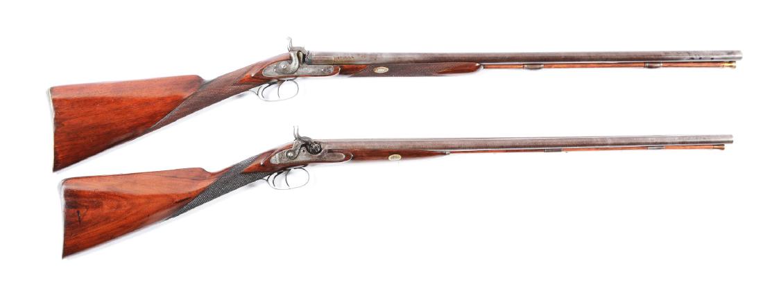 (A) Lot of 2: Antique Double Barrel Percussion: Comprising: A) Double barrel shotgun made by John Thomson, converted to percussion. Round Damascus steel barrels with solid rib inscribed "Makers to his Majesty, Prince Street Edinburgh". Flat lockpla