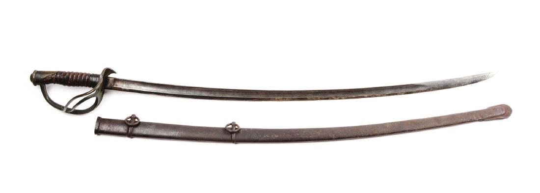 Early U.S. Model 1860 Cavalry Saber by Ames.: Curved steel blade with single fuller on each side. Ricasso stamped "U.S. / J.P. / 1860" on right side and "AMES MFG CO / CHICOPEE / MASS" on other side. Standard Model 1860 brass hilt with two branch