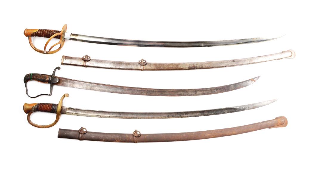 Lot of 3: Model 1860 Cavalry Saber, 1840 Artillery: Comprising: (A) A reverse "P" hilted cavalry saber with checkered bone grip in poor condition with dark patina, missing half of grip. (B) A Model 1840 light Artillery saber. Blade stamped "FOR NEW JER